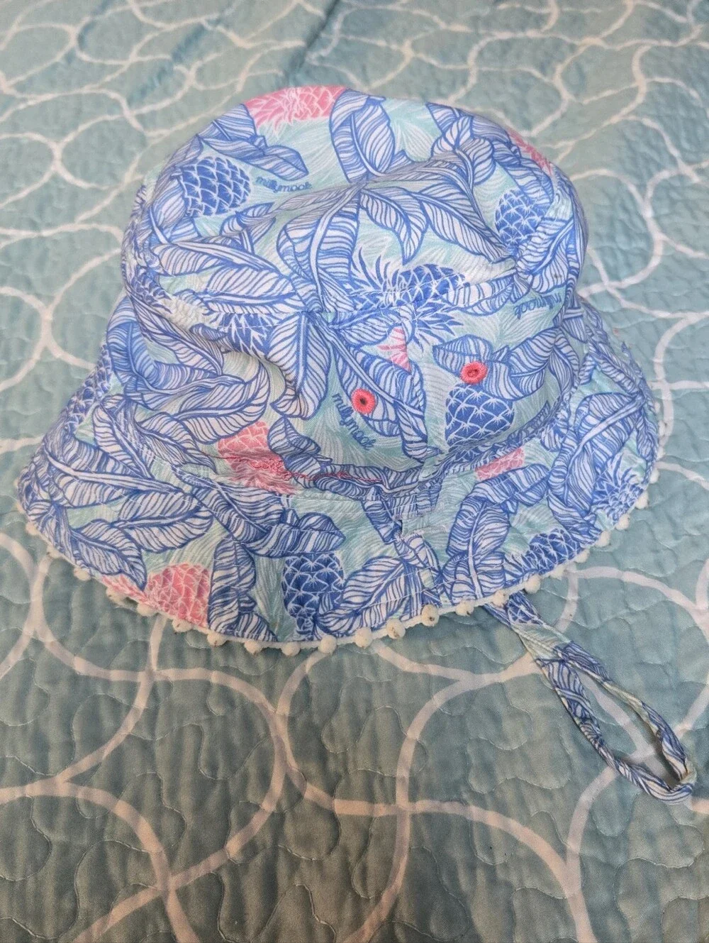 Tropical Print Kids Sun Bucket Hat with Adjustable Chin Strap & Pompom Trim